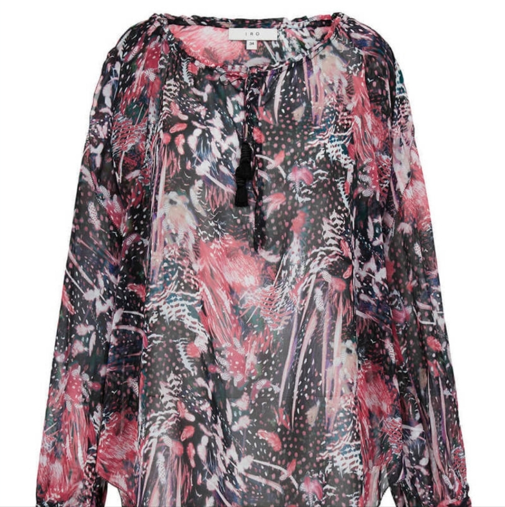 IRO Arzela Black, Grey & Pink Silk Floral Peasant Style Blouse Size EU 34